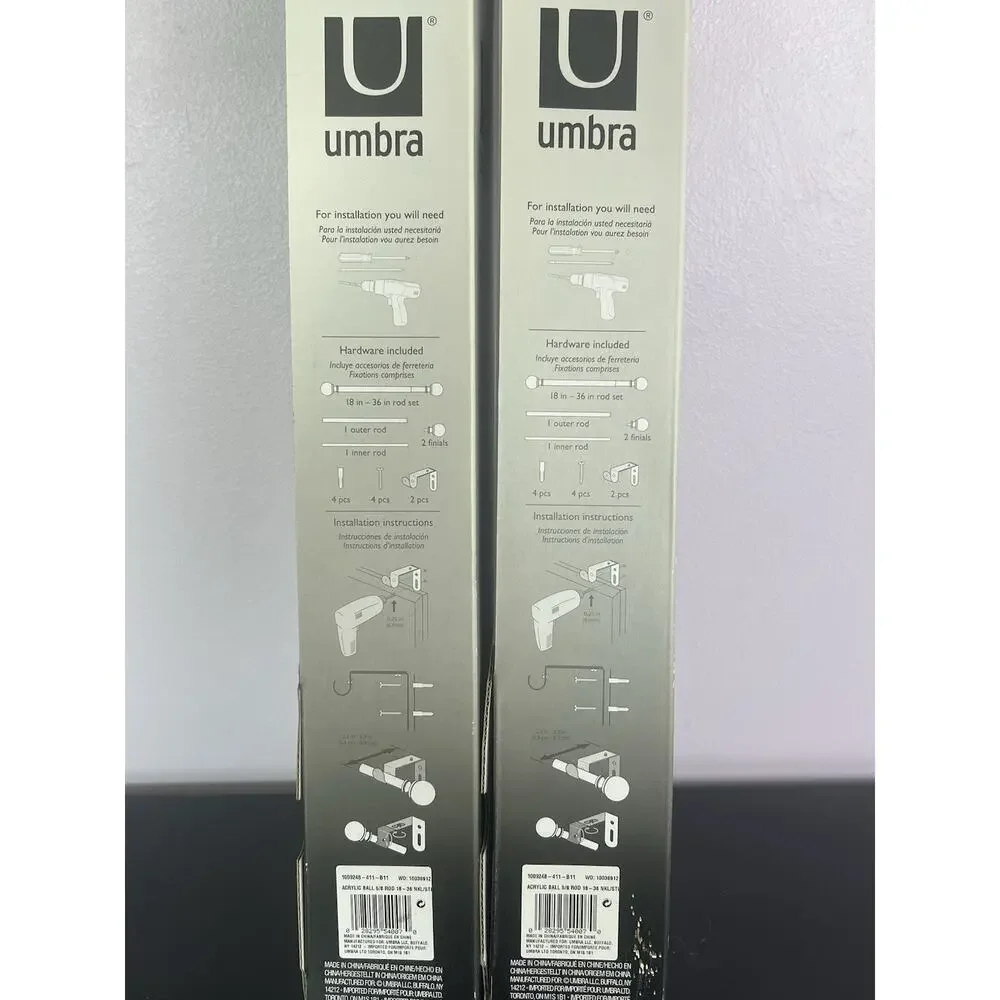 Umbra Drapery Curtain Rod Set of (2) Two 18-36” Brushed Nickel Acrylic Ball NOS